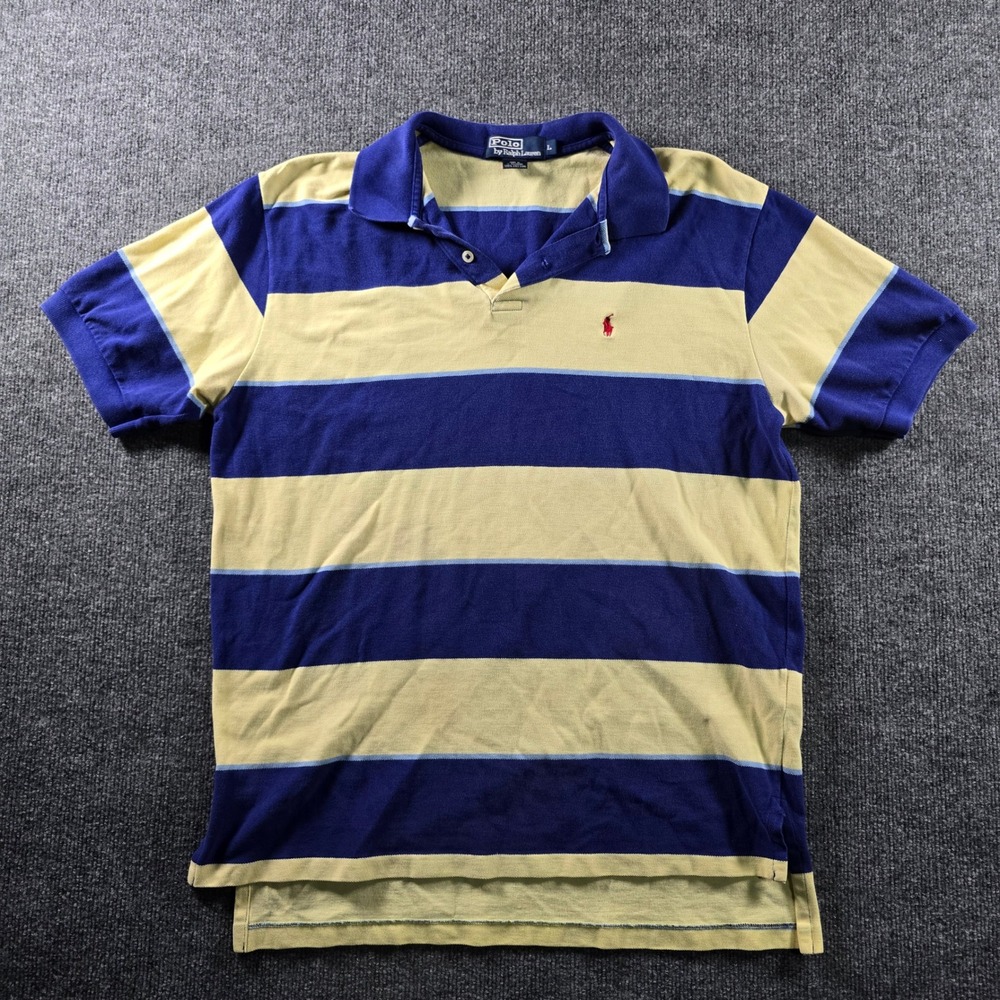 Vintage Polo Ralph Lauren Mens Large Blue Yellow Striped Short Sleeve Polo Shirt